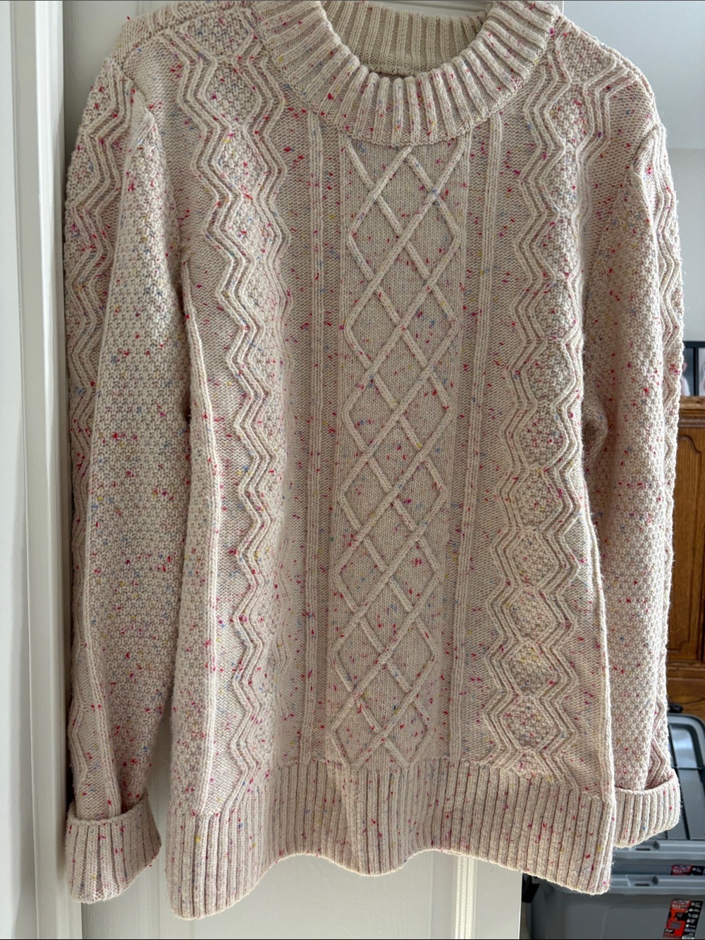 Duluth Trading Co Cream Flecked Cable Crewneck Sweater